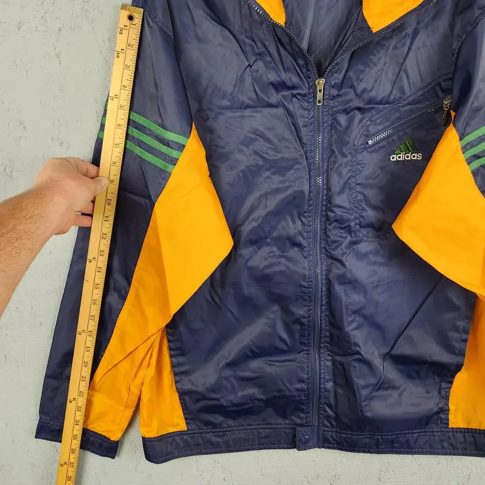 Adidas Jacket Mens Large Blue Yellow Windbreaker Track Nylon 3 Stripes Full Zip